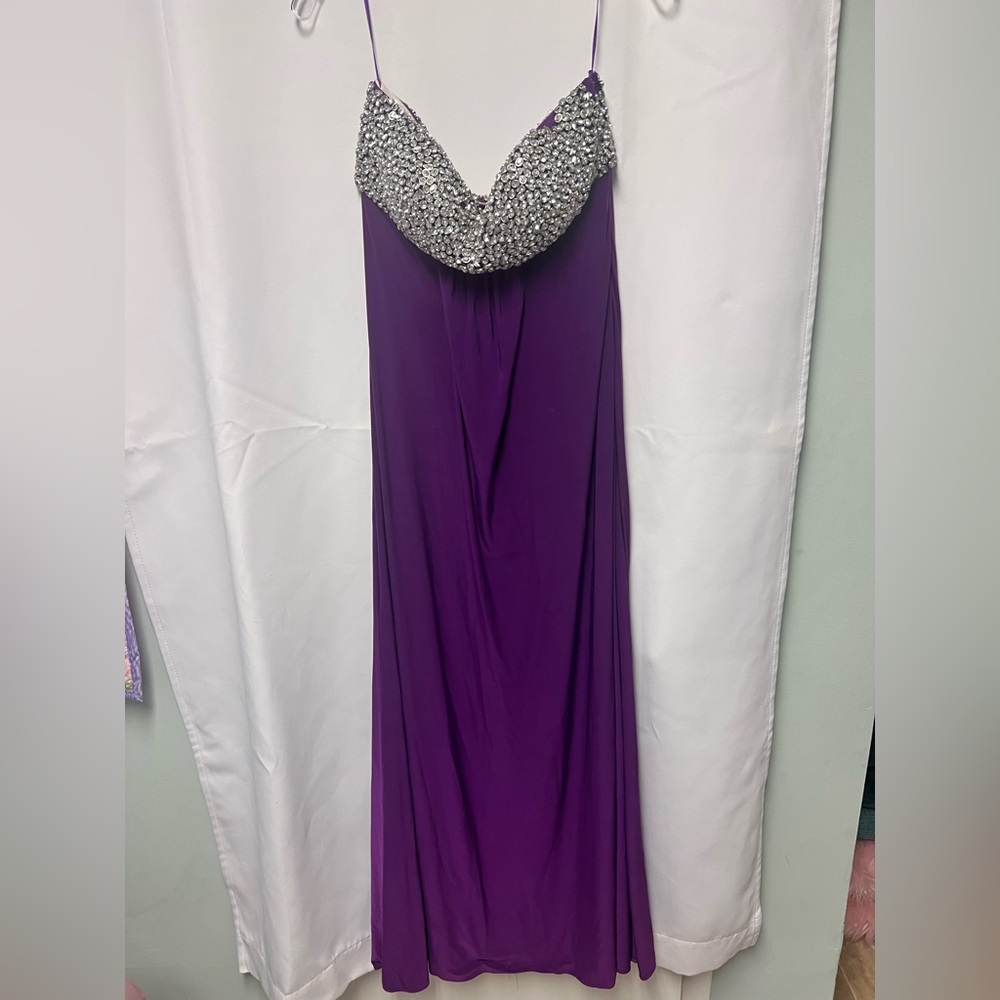 Jovani Purple Strapless Evening Gown with Silver Beaded Bust